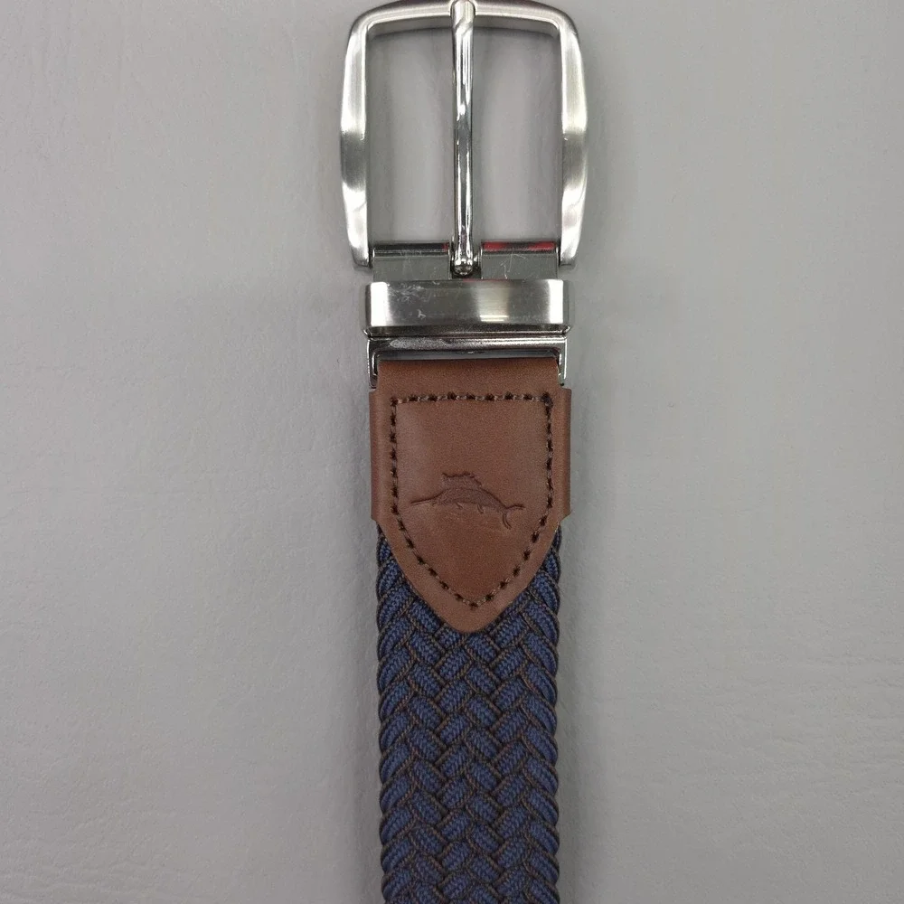 Tommy Bahama Belt Mens 38-42 Blue Braided Stretch Web Leather Trim Silver Buckle